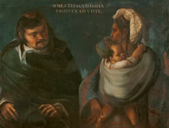Mestizo och indiankvinna får en coyote, omkring 1715